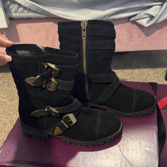 Shellys London Black Combat Boots with Gold Buckles - Picture 5 of 5